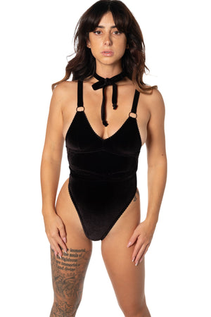 Velvet pirouette v-neck thong bodysuit